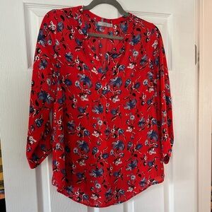 Dalia Red Floral V-Neck Blouse with Blue Accents